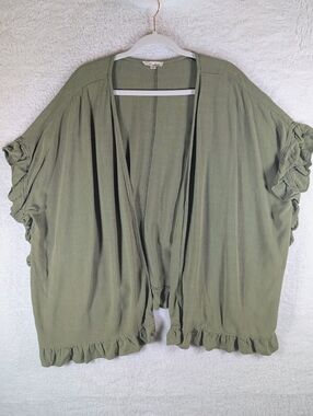 easel Olive Green Ruffle-Hem Open Cardigan One Size
